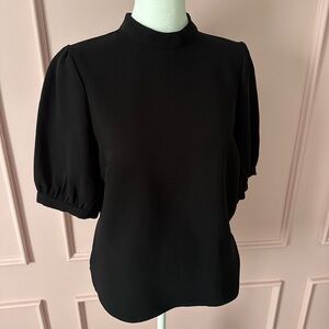 Maeve Anthropologie Women’s Short Puff Sleeve Black Buttoned Neck Top